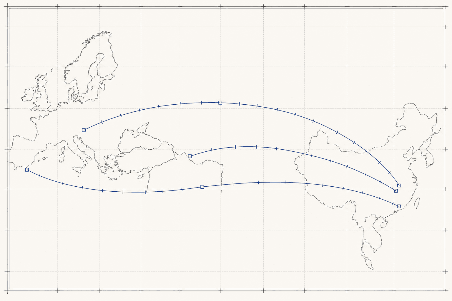 Carte au trait des routes d'approvisionnement entre l'Asie et l'Europe de l'Ouest.